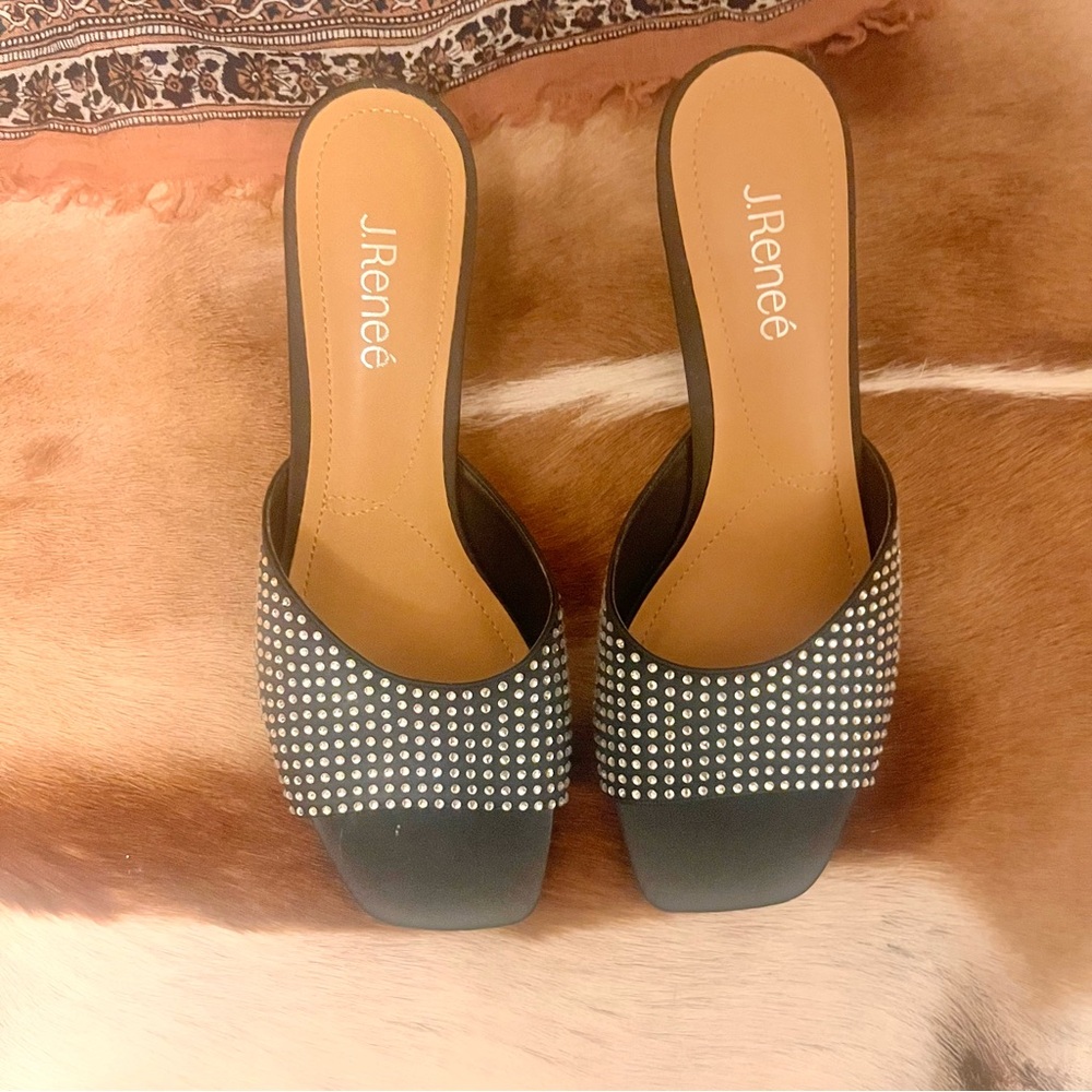 🏷️🆕🎉 j. renee • open square toe black wedge slip ons with silver rhinestones